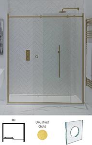 Showerlab View 30 Enclosures Sliding Door + Fixed Panel Standard - Fixed Sizes Only 1330-1370mmx2000mm , Right Hand Door to Wall , H8 - The Sphere (Round Cut Out) , Brushed Gold