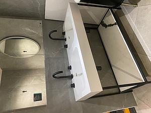 Feaber Silkstone Pearl 1200mm Double Basin Matt / Ava - 3 Hole Deck Mounted Basin Mixer Without Flanges & Black Basin Stand W/ 3 Shelf Options - Ex Display